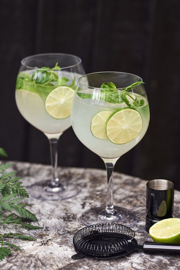 Verschiedene Arten von Cocktailgläsern: Welches Glas für welchen Cocktail? Hier sehen Sie das More Gin & Tonic Glas von Orrefors, welches perfekt für einen spritzigen Gin-Tonic mit Limetten geeignet ist.
