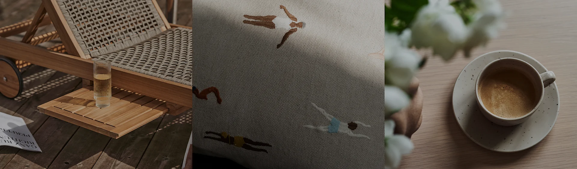 Eine Sonnenliege mit einem Getränk, ein besticktes Kissen mit Schwimmern und eine Kaffeetasse mit weißen Blumen.