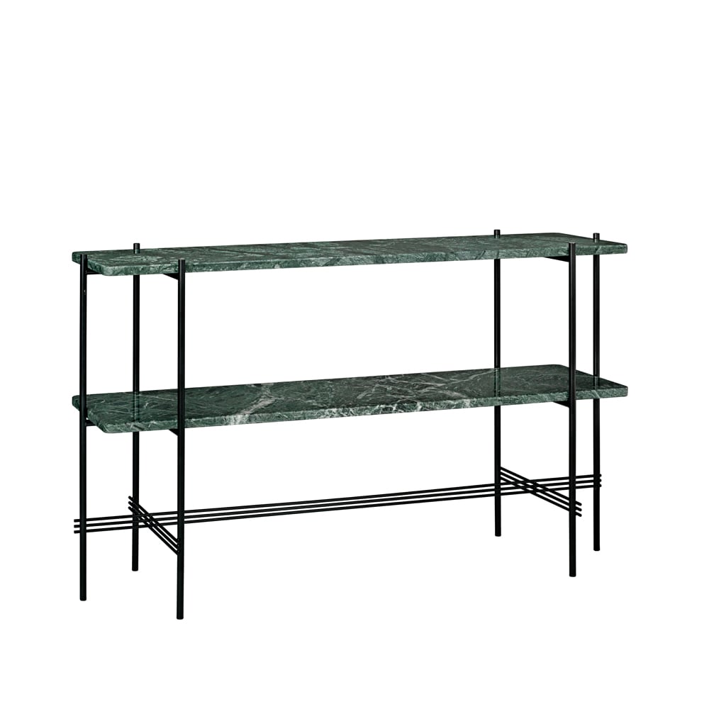 GUBI TS Console Beistelltisch 120x30x72 cm Green guatemala marble, Schwarzes Gestell, 2 Marmorplatten