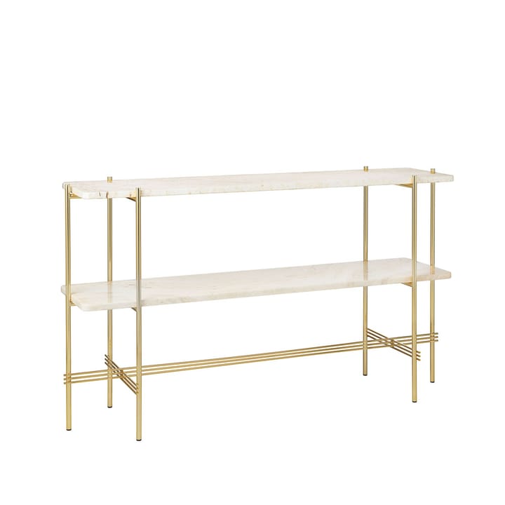 TS Console Beistelltisch 120x30x72 cm, Natural white travertine, Messinggestell, 2 Marmorplatten GUBI