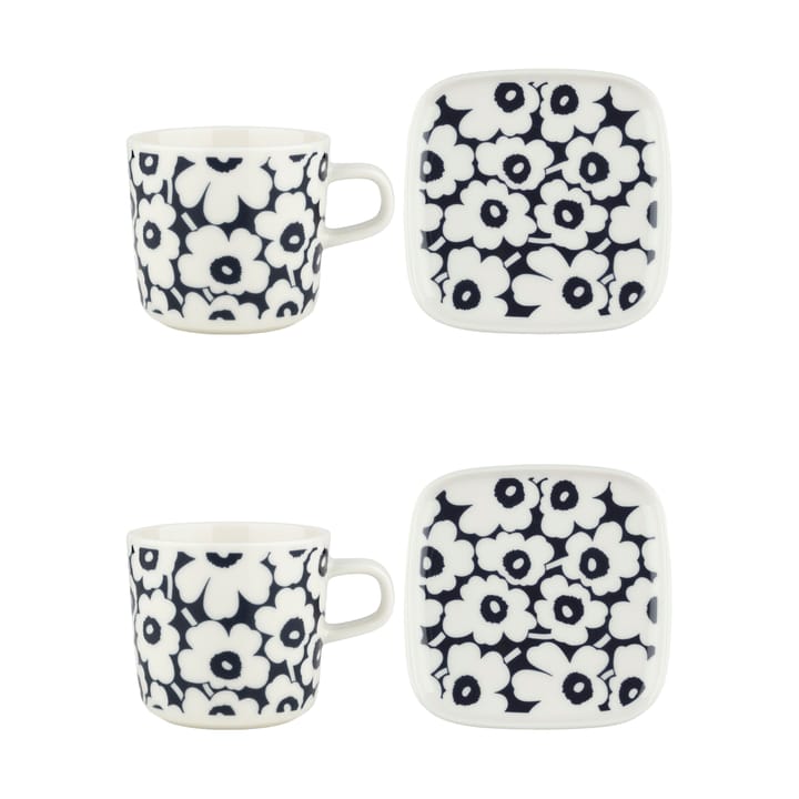 Kleines Unikko Tassen und Teller Set 20 cl 4 Teile - Dark blue-white - Marimekko