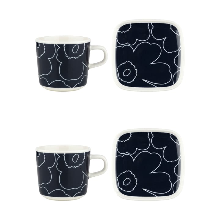 Piirto Unikko Becher und Teller Set 20 cl 4 Teile - White-dark blue - Marimekko