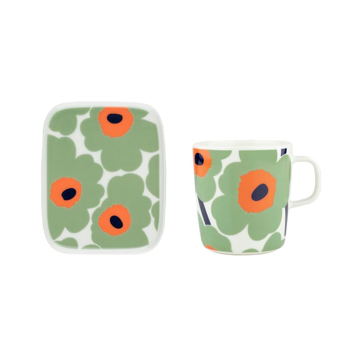 Unikko Becher 40 cl + Teller 12x15 cm - White-sage-orange-dark blue - Marimekko