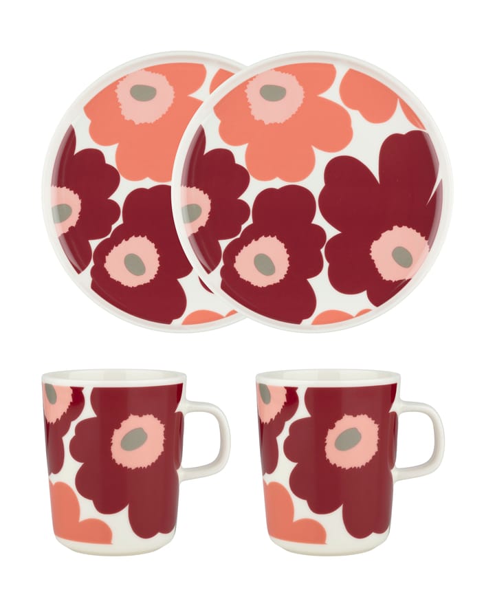 Unikko Frühstücksset - White-dark cherry-salmon red - Marimekko