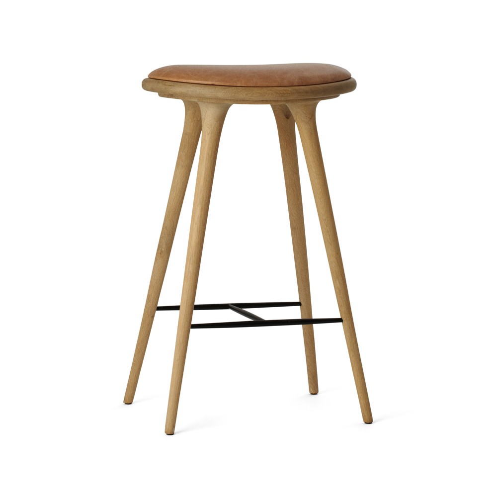 Mater High stool Essen Barhocker hoch 74 cm Leder natur, Holzstativ aus Eiche geseift