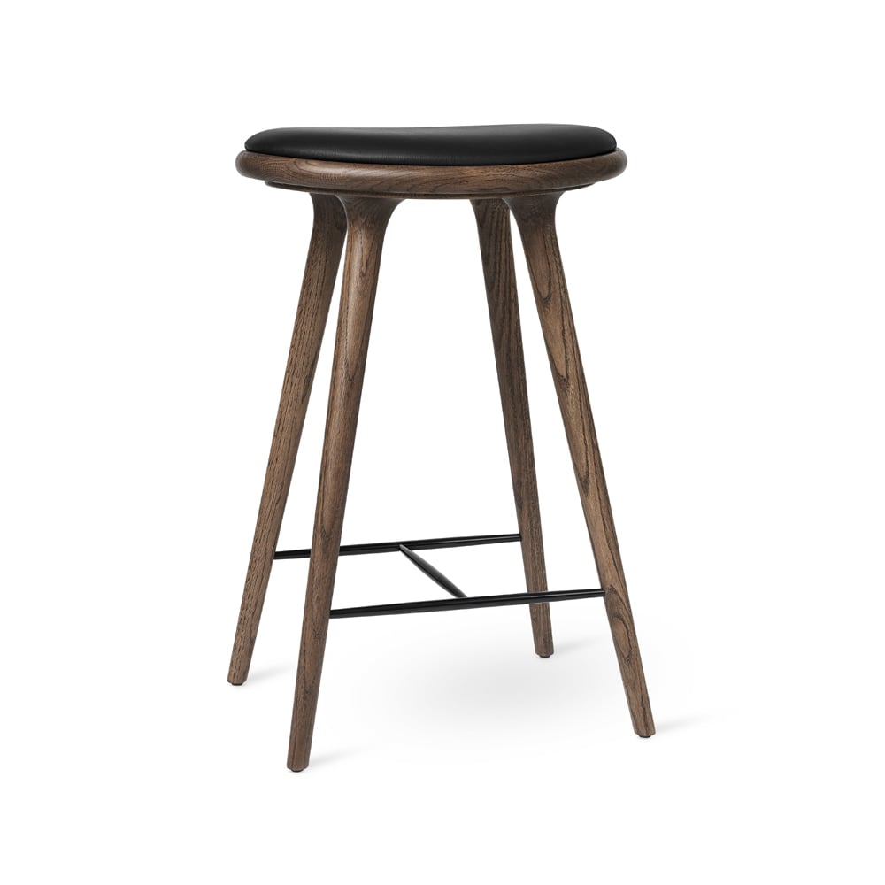 Mater High stool Essen Barhocker hoch 74 cm Leder schwarz, Holzstativ aus Eiche dunkel gebeizt