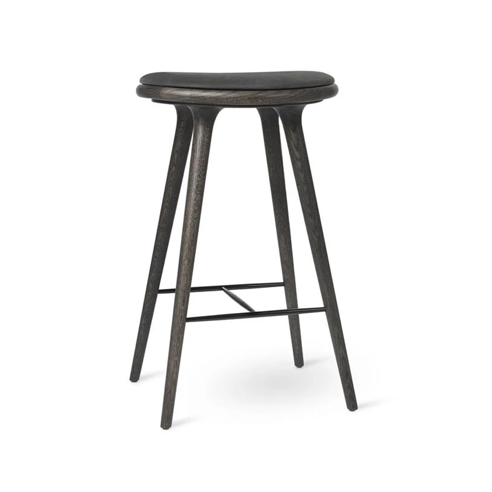 Mater High stool Essen Barhocker hoch 74 cm Leder schwarz, Holzstativ aus Eiche Sirka Grey