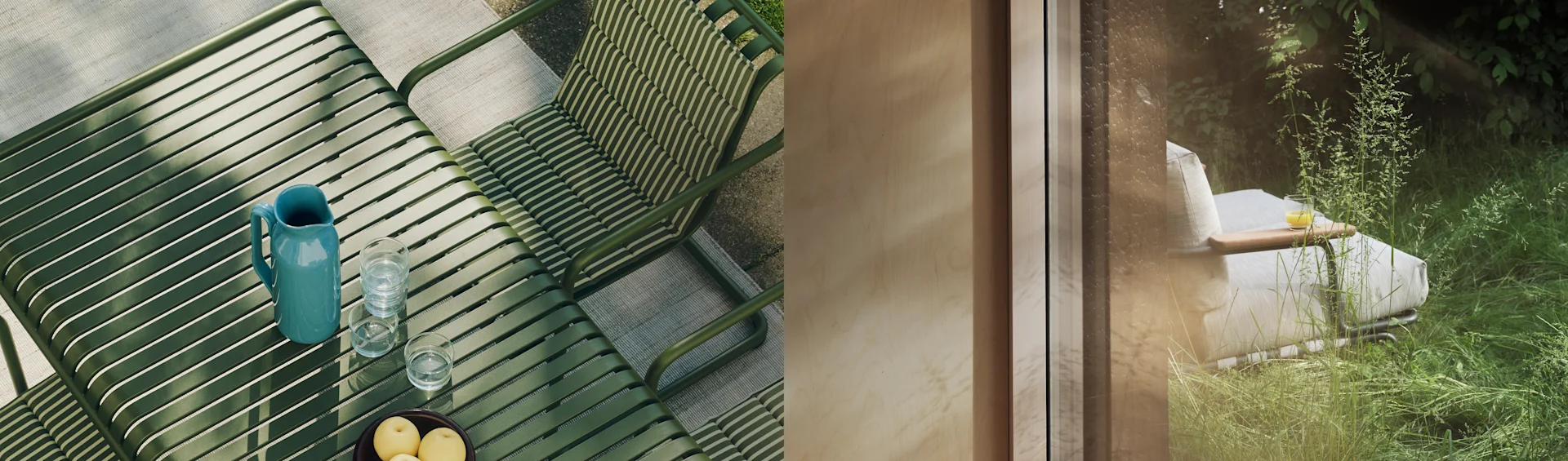 Geteiltes Bild: Grüner Latten-Außentisch mit Krug, Gläsern und Obst. Rechts: Weißer Liegestuhl in grünem Garten, durch Fenster gesehen.