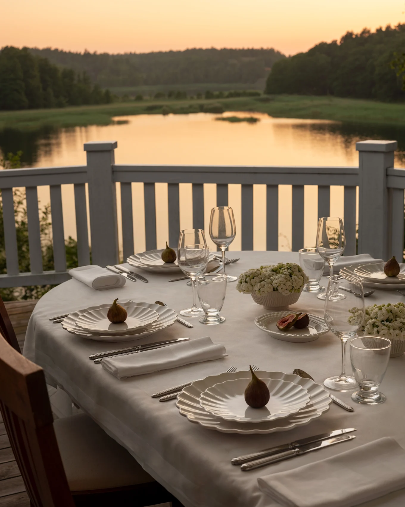 Outdoor-Esstisch mit weißen Muscheltellern, Besteck, Feigen und Blumen, mit Blick auf einen See bei Sonnenuntergang.