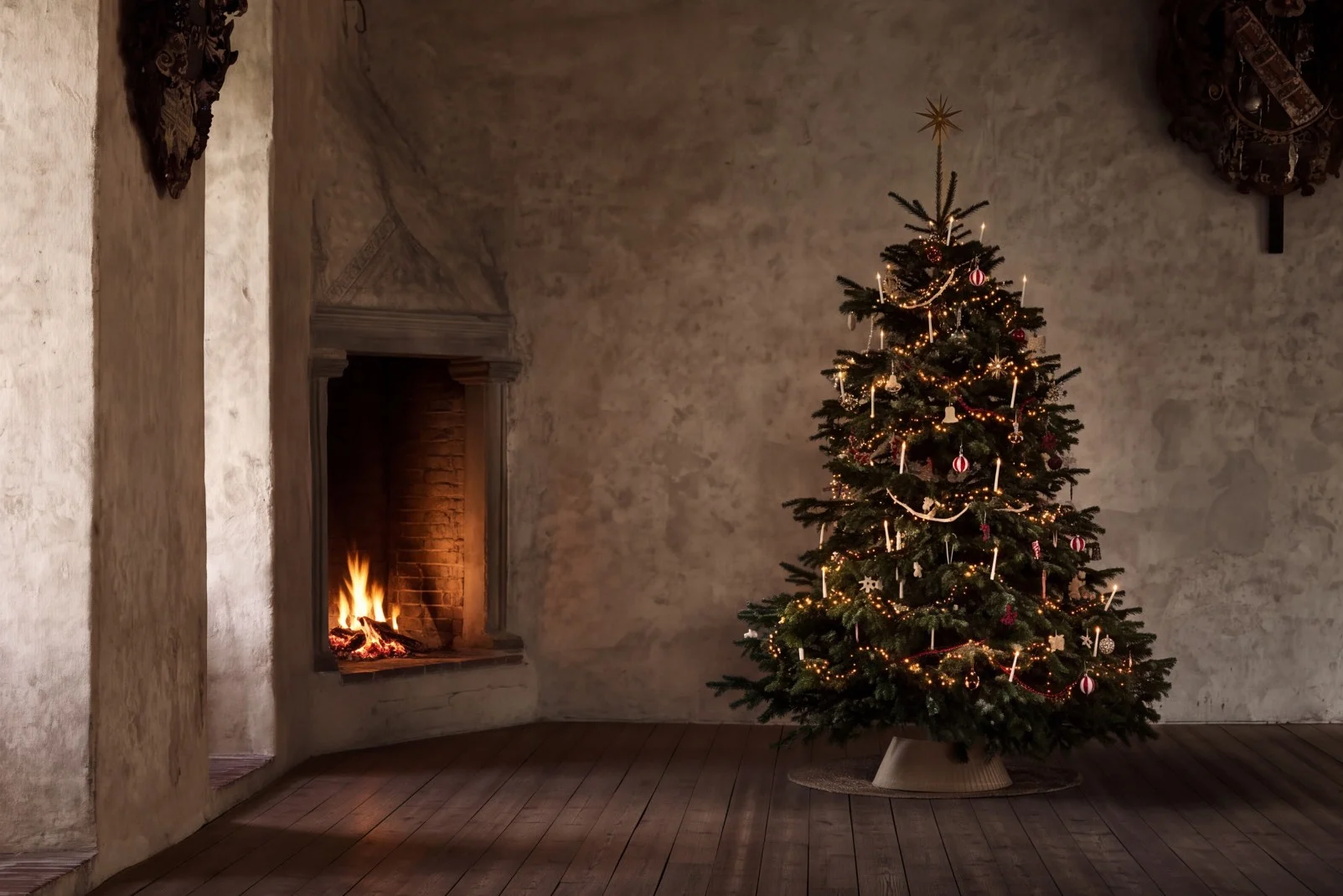 Ein geschmückter Weihnachtsbaum mit brennenden Kerzen und Ornamenten in einem rustikalen Raum mit Kamin und Holzboden.