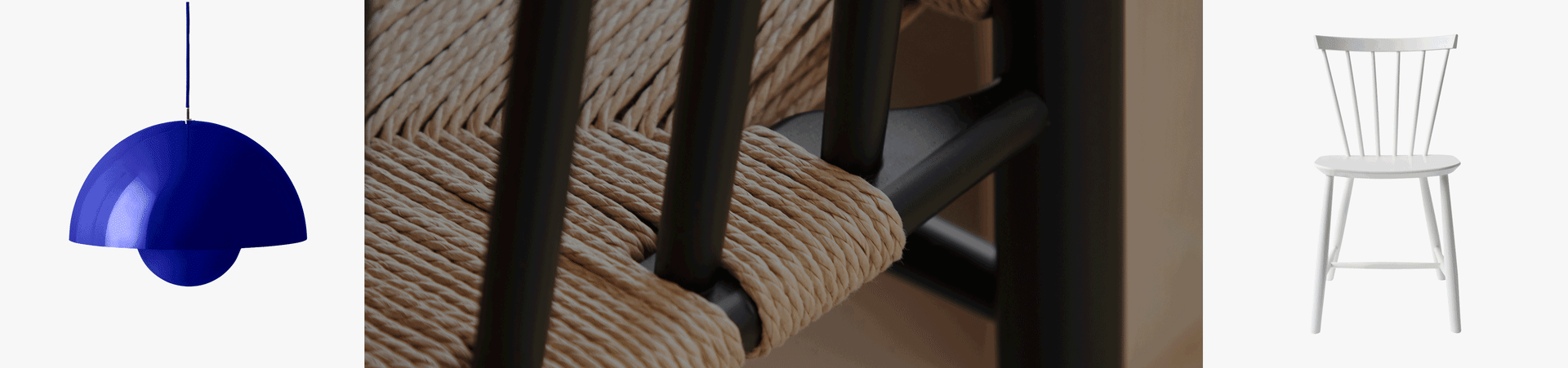 Blaue glockenförmige Pendelleuchte, Nahaufnahme von Stuhl mit geflochtener Naturfasersitzfläche und weißer Holz-Stabelle.