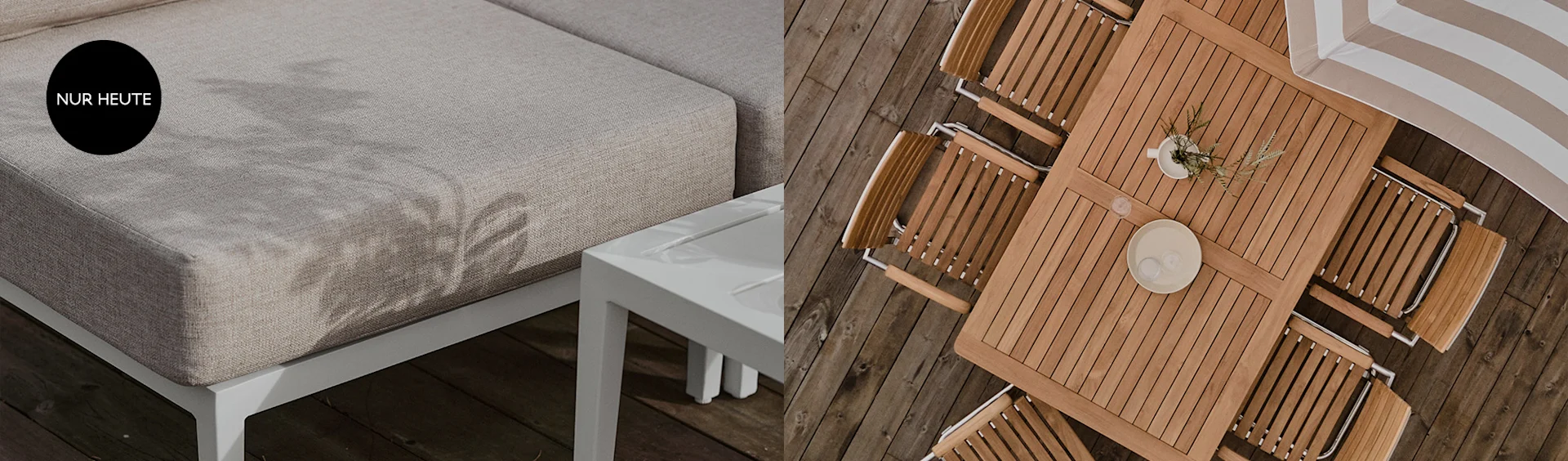 Modulares Loungesofa in Beige mit weißem Beistelltisch auf Holzboden, oben links steht 'NUR HEUTE'.