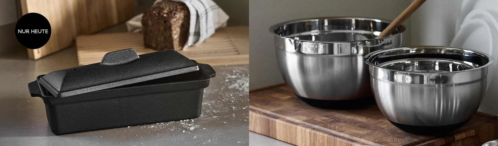 Schwarze Kastenform und zwei Rührschüsseln aus Edelstahl auf Holzbrettern, im Hintergrund Brot. Schwarzer Kreis mit 'NUR HEUTE'.